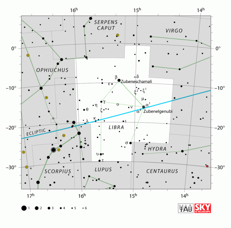 Star chart with stars black on white showing constellation Libra with prominent stars labeled.
