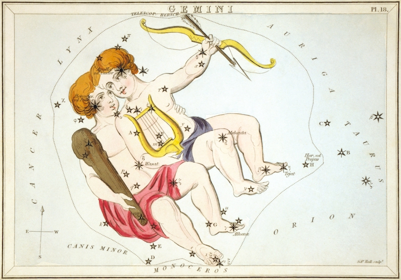 Antique colored etching showing stars in Gemini superimposed on a painting of two young brothers.