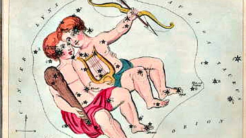 Old-fashioned color engraving of twin boys with lyre and bow in a star field.