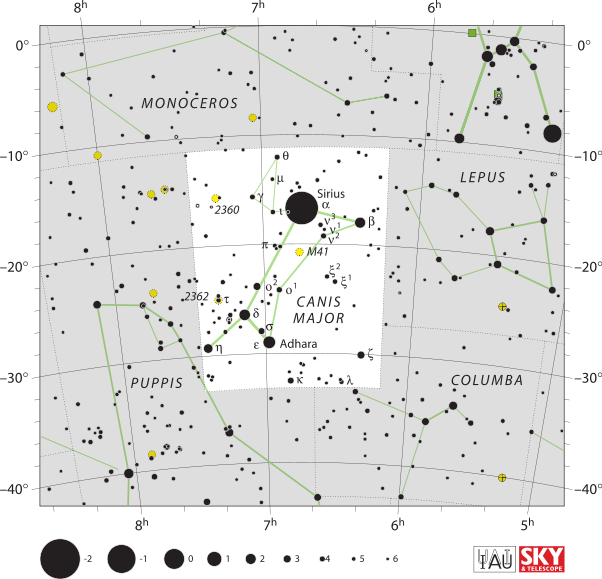 Hundreds of black points represent different stars. There are green lines representing many constellations.