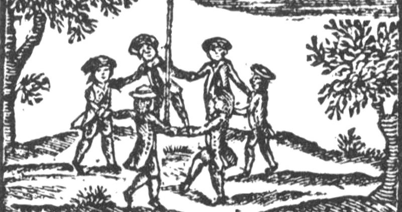 Antique woodcut of eighteenth century boys dancing with linked hands around a pole.