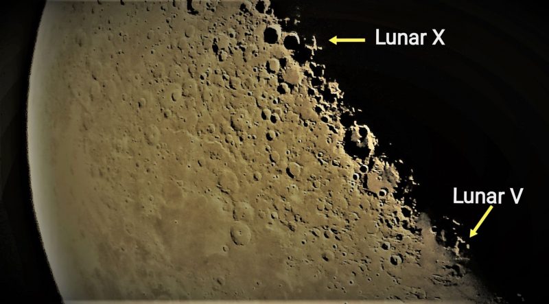 The moon, with a visible letter X, and a letter V, indicated along the moon's terminator line.