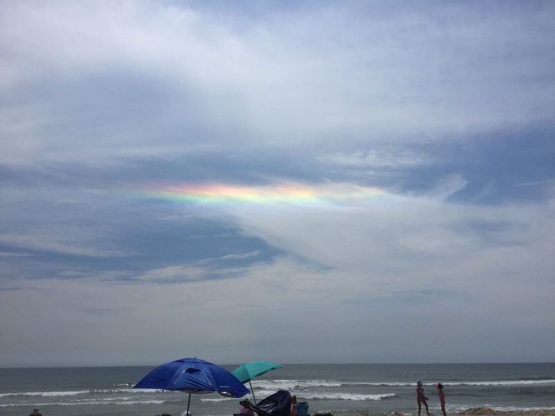 Beach with umbrellas. Above, cloudy sky with rainbow stripe across the clouds.