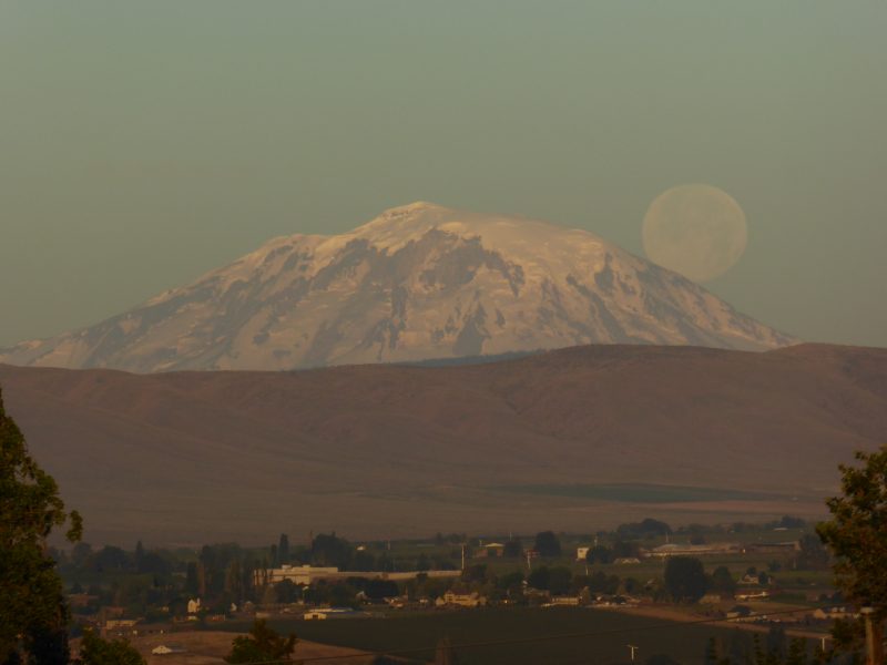 Dim morning scene, large conical mountain in distance with large round moon on its horizon.