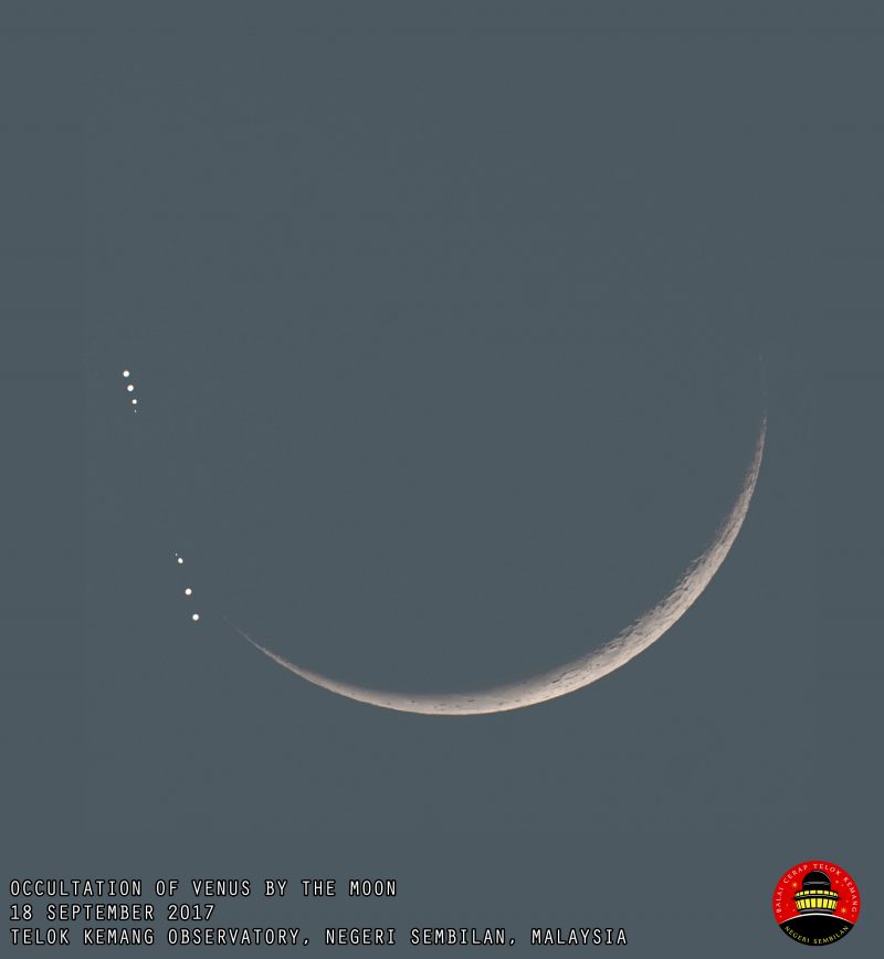 Line of dots interrupted in the middle by dark side of very thin crescent moon.