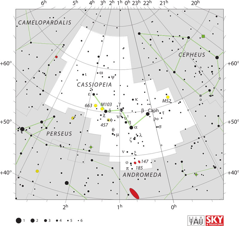 Star chart with stars in black on white and small red oblong for Andromeda.