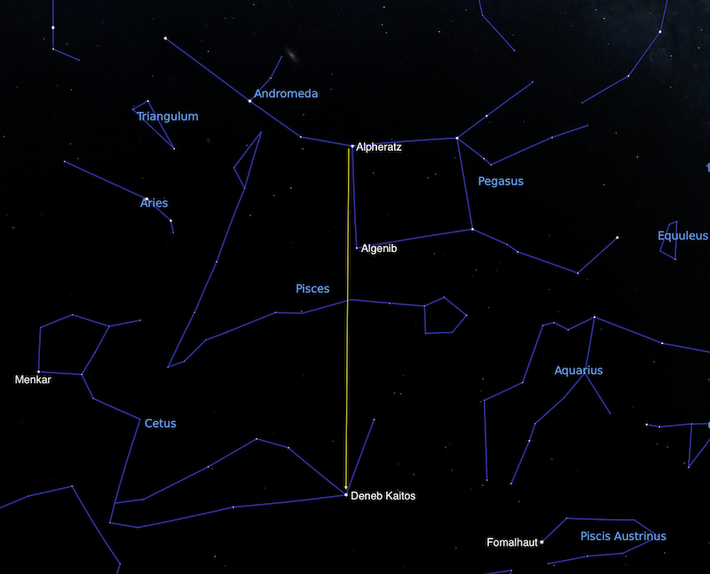 Star chart with constellations outlined and straight yellow line from Great Square to Deneb Kaitos.