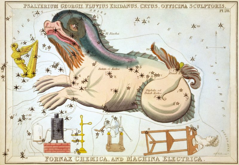 Deneb Kaitos: Star chart: antique color drawing of creature with front paws and fish tail superimposed on stars.