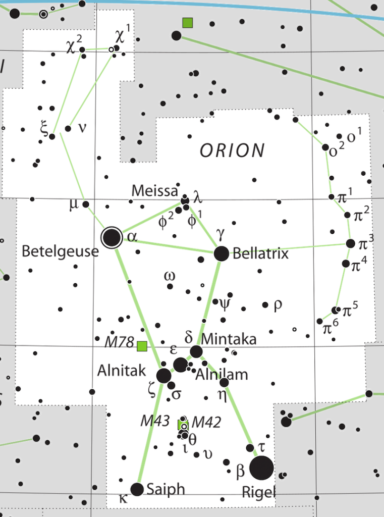 Mapa de Orión el cazador, con las principales estrellas, incluida Betelgeuse, etiquetadas.