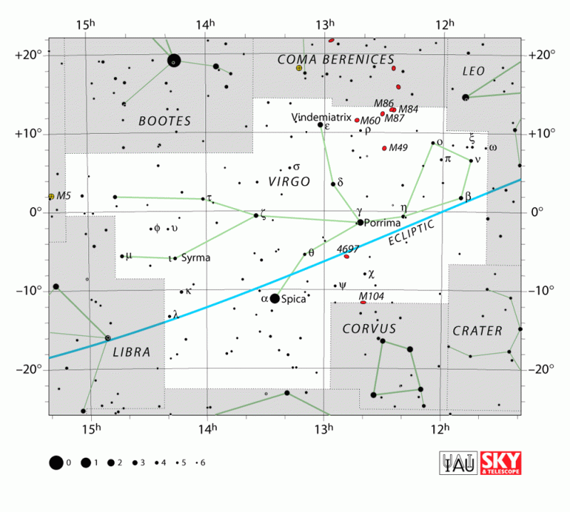 Chart, black stars on white background, of long constellation Virgo with Spica marked prominently.