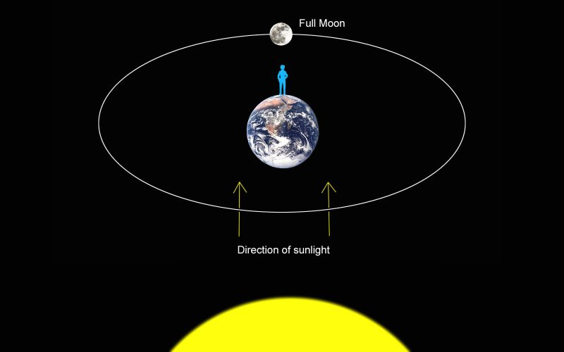 Diagram showing a full moon on the opposite side of Earth from the sun.