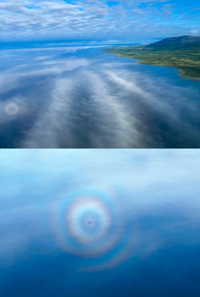 Top image shows an airplane glory on water; bottom image shows a close-up of the glory.