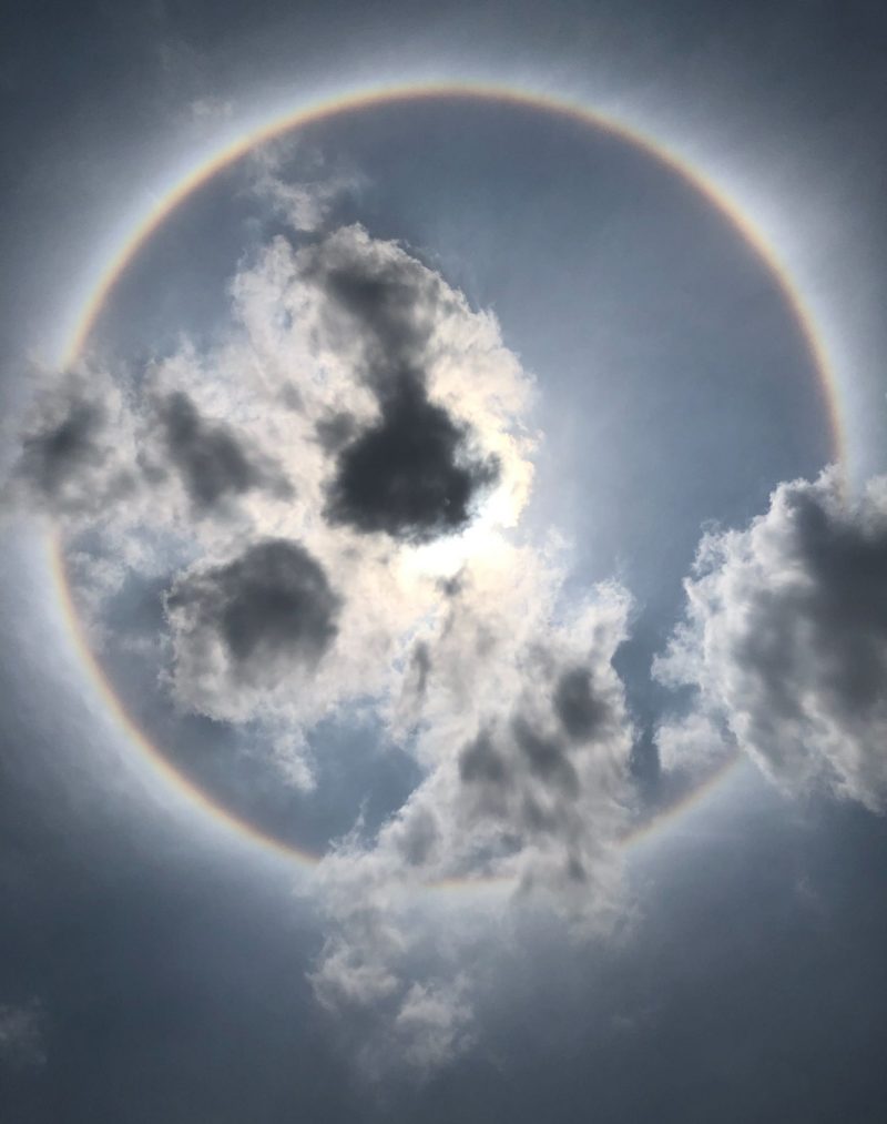 A bright ring or halo around the cloud-covered sun.