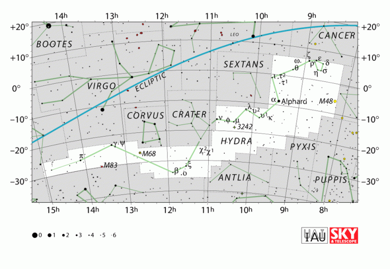 Sky chart of long, thin constellation Hydra with stars in black on white background.