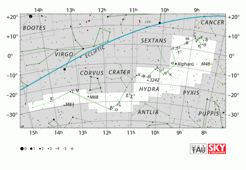 Sky chart of long, thin constellation Hydra showing Crow, Cup and Water Snake.