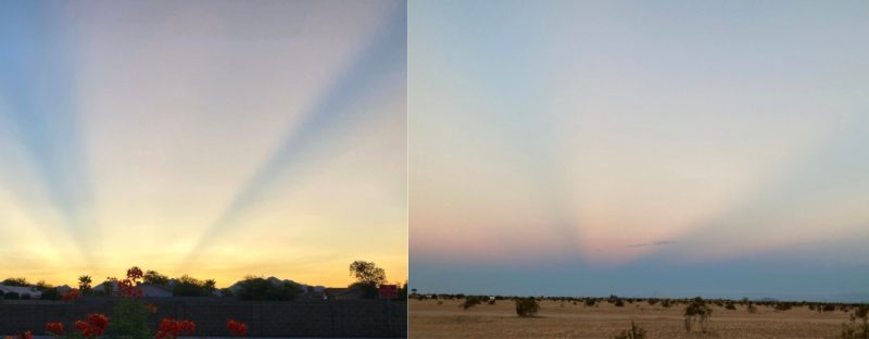 Left: orange sunrise, blue streaks coming out from a point on the horizon. Right: similar streaks in darker sky.