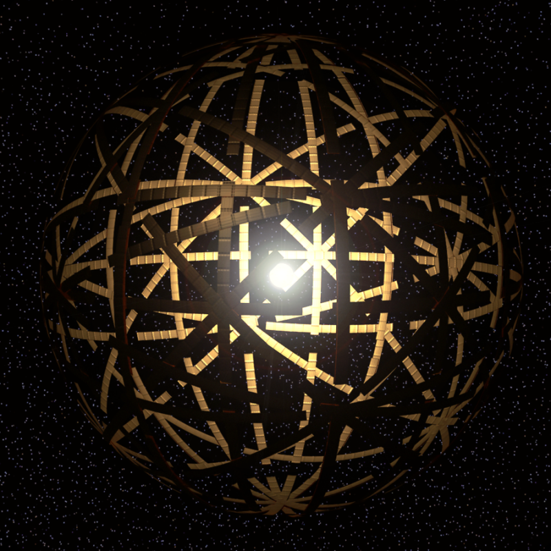 Artist's concept of a bright object, a star, surrounded by giant metal arches.