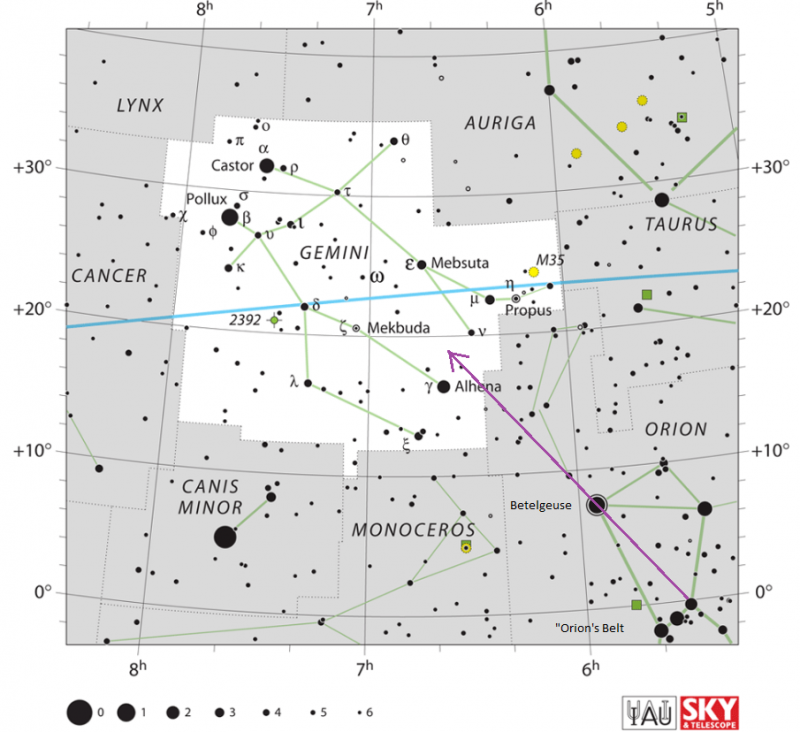 Star chart with stars in black on white, with purple arrow through Orion pointing to the twins.