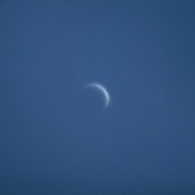Thin, fuzzy crescent pointing toward upper right, on deep blue background.