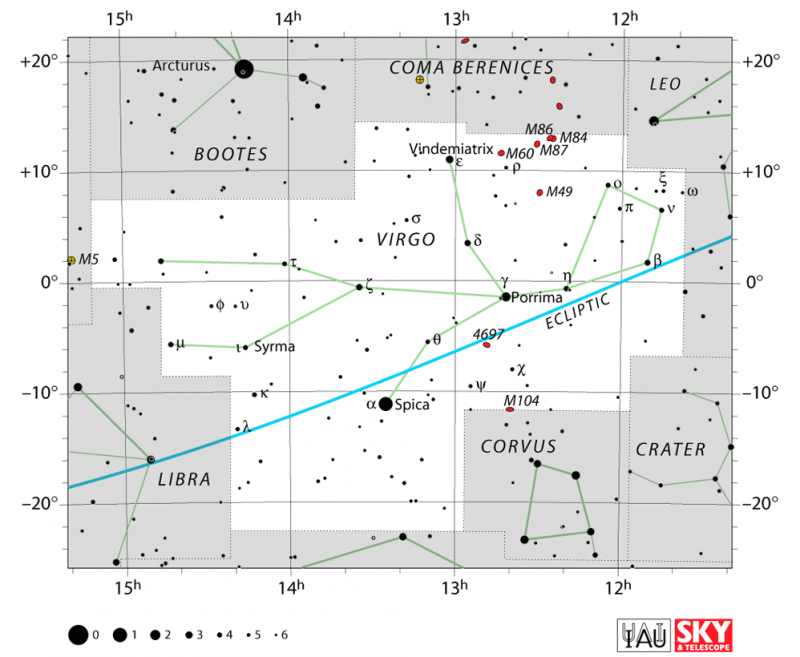 Star chart: Virgo, stars in black on white, and a blue line crossing the constellation.