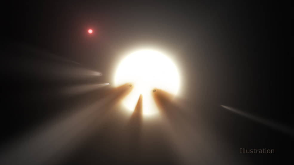 Large white star with long dark jets of material in front of it and another star in the distance.