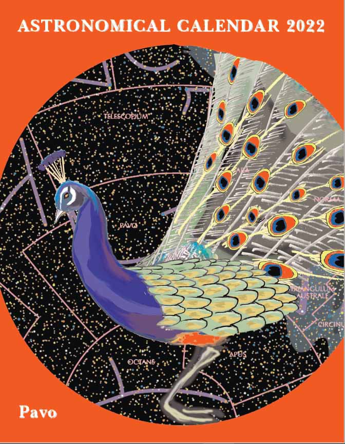 Cover of calendar with a peacock against a star chart.