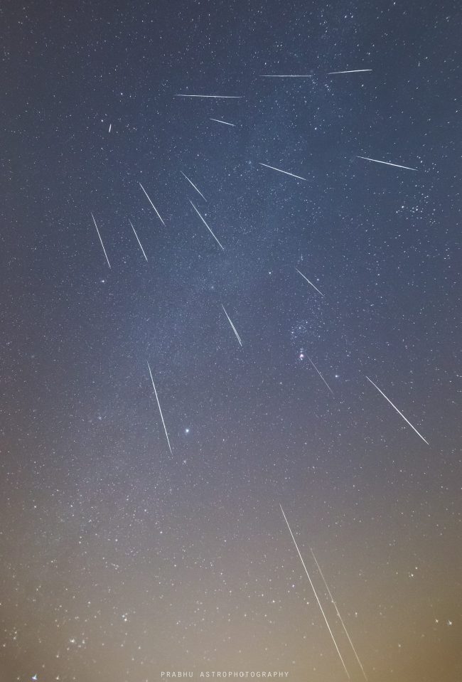 Geminids: Many thin white streaks raining down in deep blue starry sky from point near Castor and Pollux.