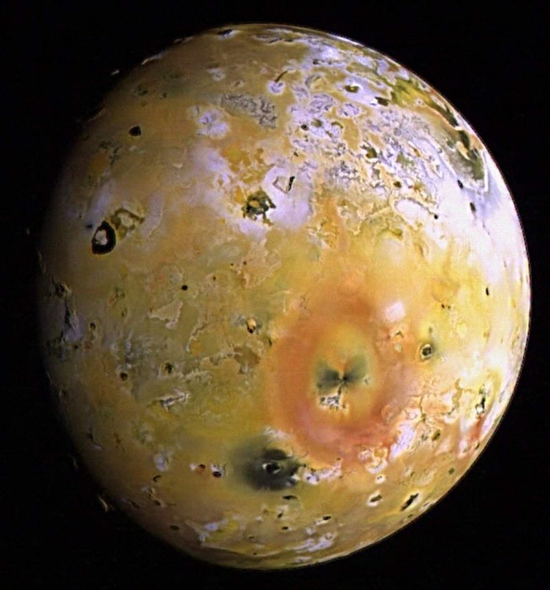 Io's colorful and mottled surface, very many dots, circles, and blotches
