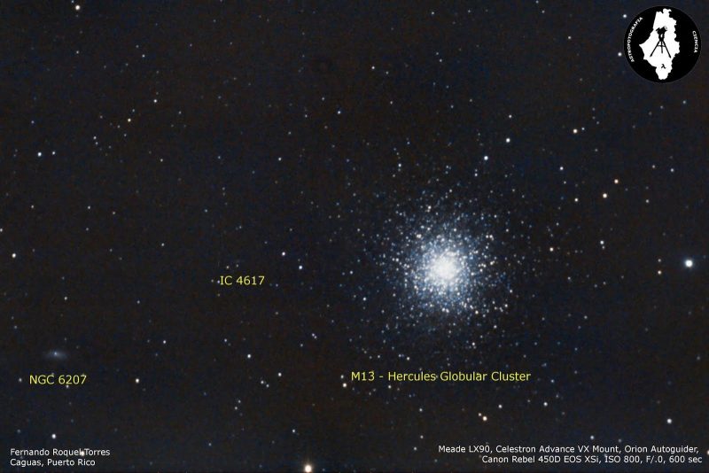 Black field with tight cluster of white dots at right center, with objects labeled.