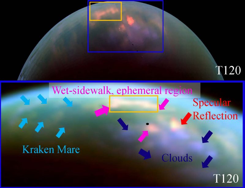 Reflective surfaces near Titan's north pole shown as yellow patches against blue-green background.