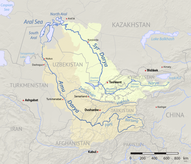 Two rivers running northwest from the Himalayas to the Aral Sea