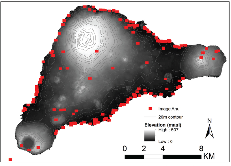 Gray topographic map of Easter Island with red dots around the coastline. A few scattered red dots in the island's interior.