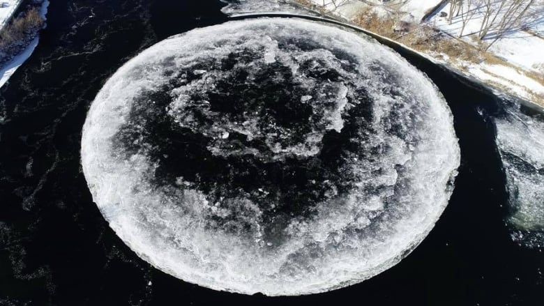Aerial view of a large white circle with a dark center floating in dark water.