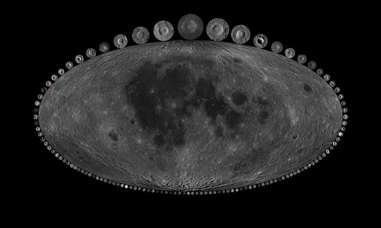 oblong gray image of the moon, surrounded by dozens of small gray moon images.