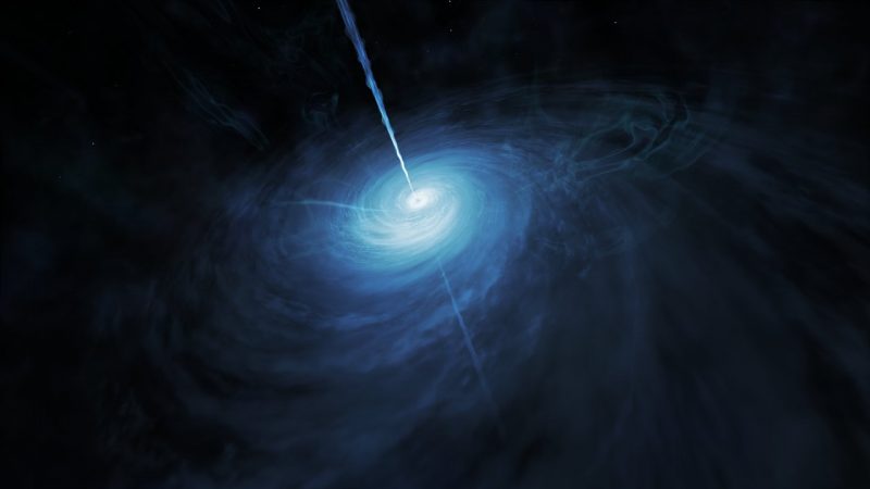 Blue-colored mass of swirling gas, with jets extending from the center.
