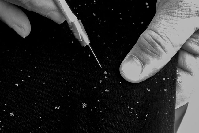 Pointing with a needle at a tiny snowflake lying on black velvet.