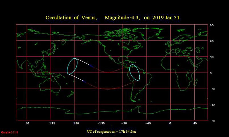 Worldwide map with lines and ovals showing where the occultation will be visible.