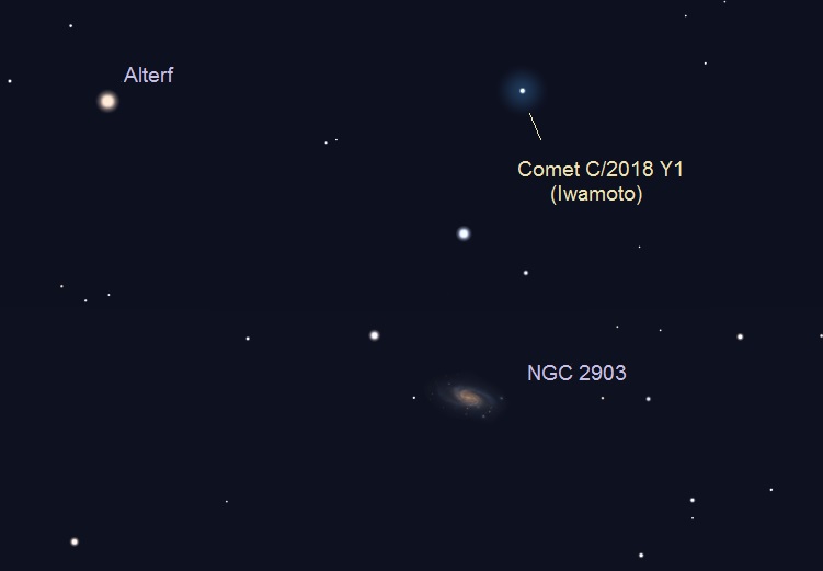 Star chart showing comet and small fuzzy oval galaxy.