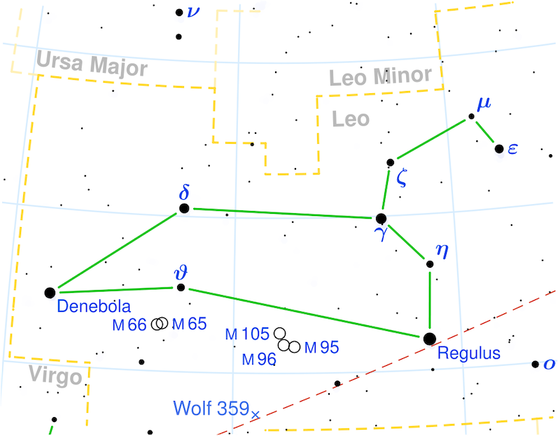 A star chart of Leo with the lines connecting the dots on the right appearing like a flipped question mark.