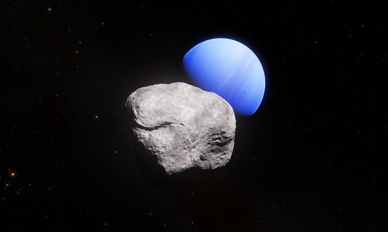 Featureless blue planet Neptune and irregular rock in orbit.