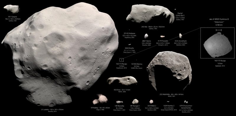 Space rocks (asteroids) in various sizes and shapes, all lumpy and cratered.