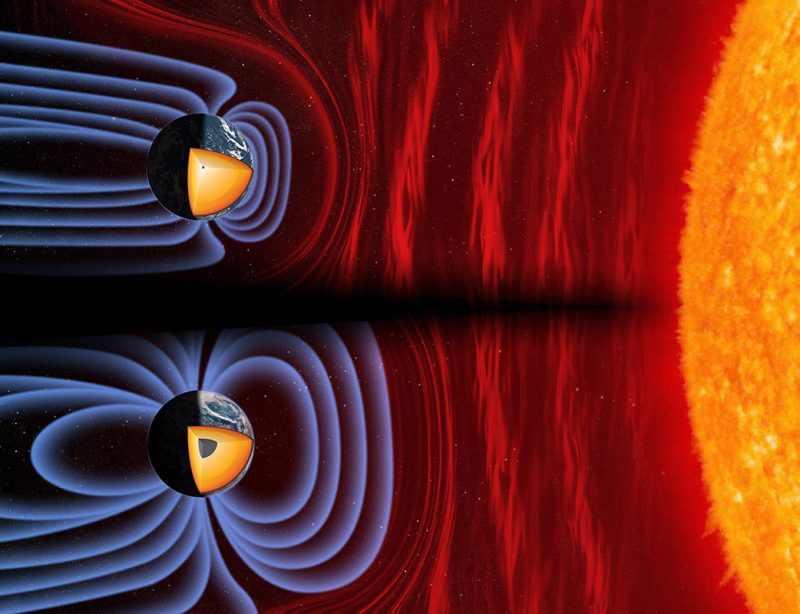 Top: Earth with tiny core, small magnetic fields. Bottom: with large core and wide fields.