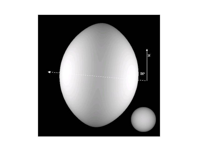 An egg-shaped spheroid with a much smaller sphere at the lower right.