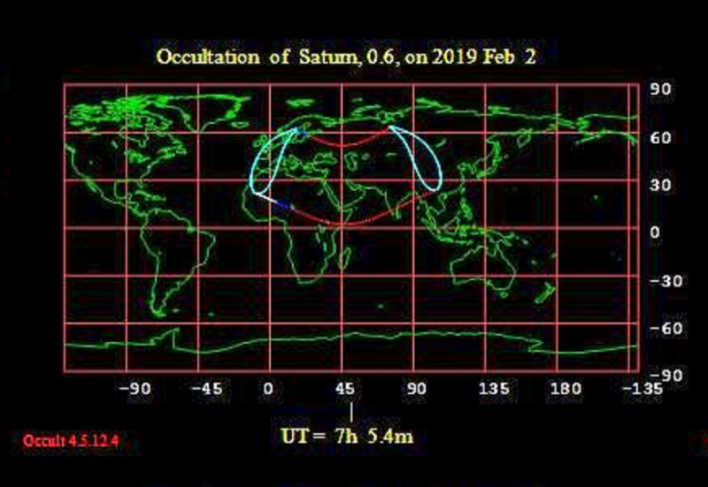 Worldwide map with lines showing where occultation will occur.