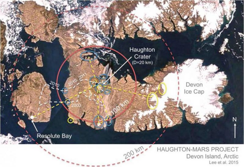 Brown Devon Island and Haughton Crater with circles indicating 100 and 200 kilometers from base.