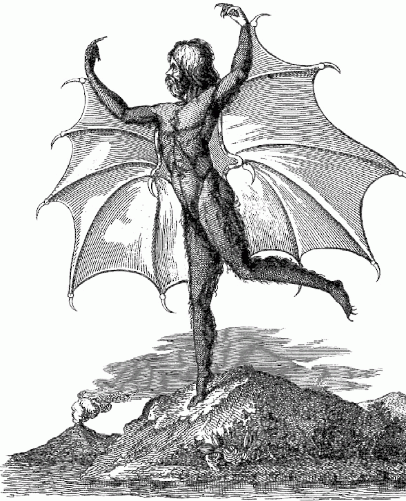 Etching of large naked man with bat wings standing on a hill.