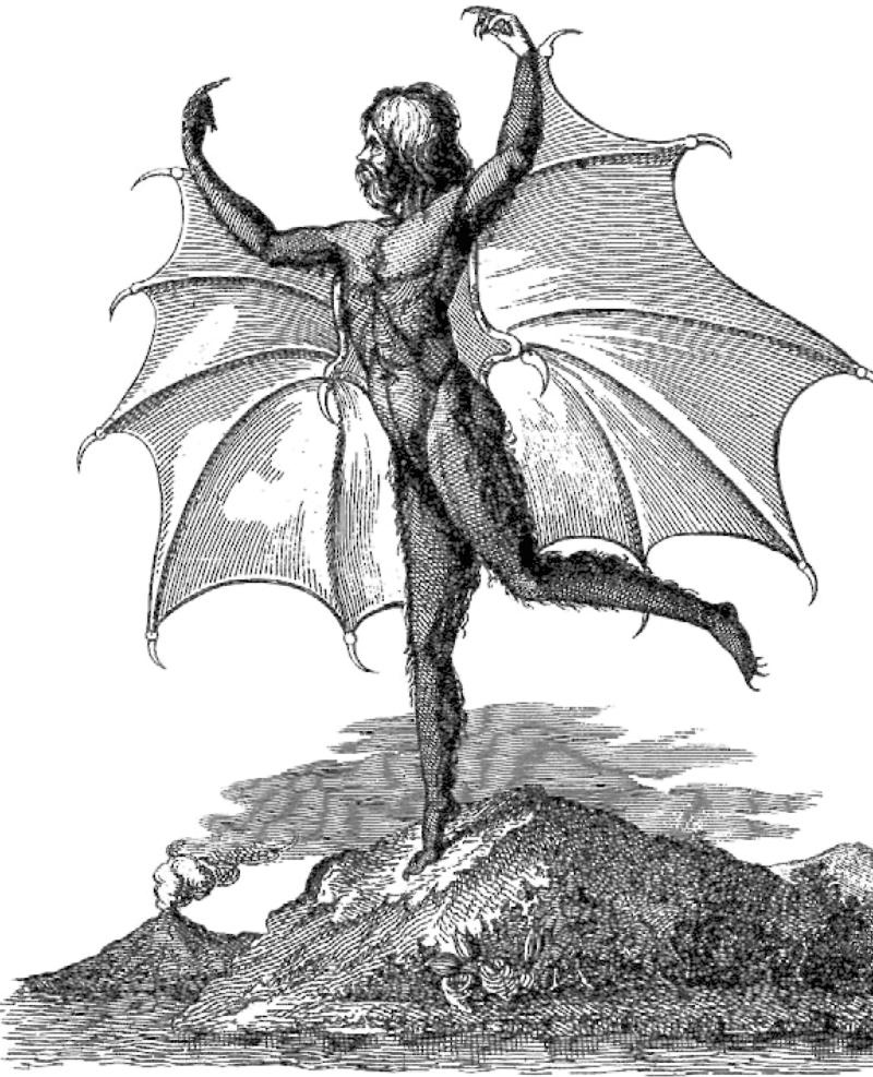 Naked man with bat wings standing on one foot, with raised arms.