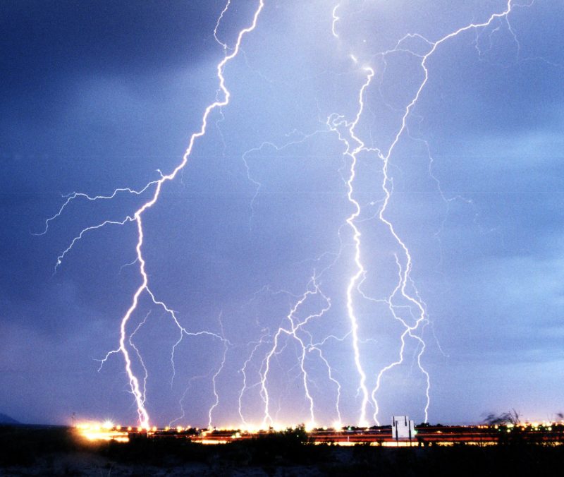 Multiple violent lightning strikes.