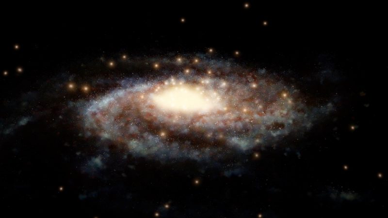 A spiral galaxy, with globular clusters scattered around it.