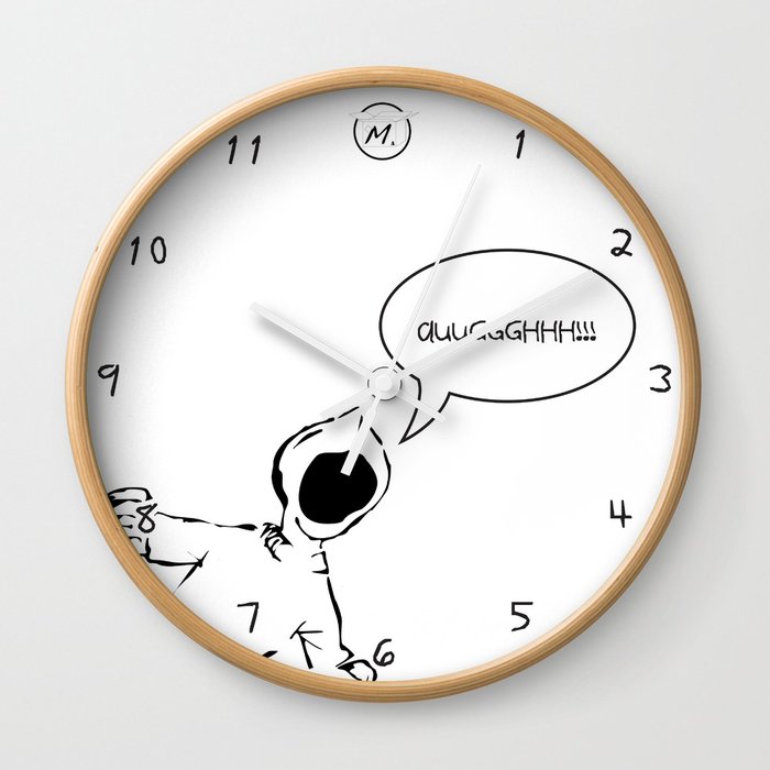 Wall clock with cartoon figure on face screaming 'augh'.